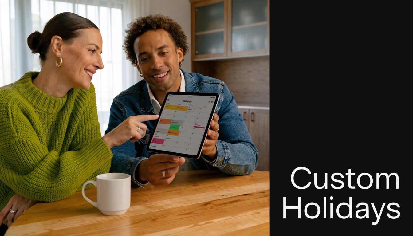 A happy couple sitting at a wooden table reviewing their holiday possession schedule on a digital tablet.