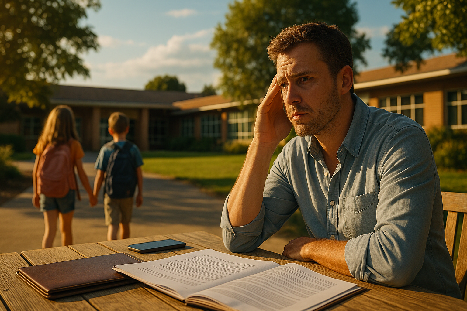 Man looking concerned while reviewing documents at a table, with two children walking away in the background, symbolizing parenting challenges in custody situations.