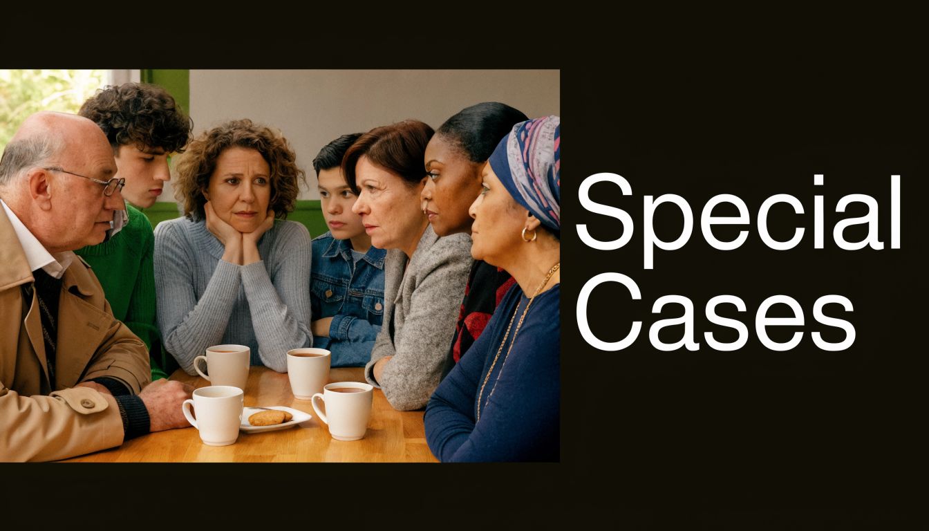 A diverse group of people sitting around a table having a serious and solemn discussion.