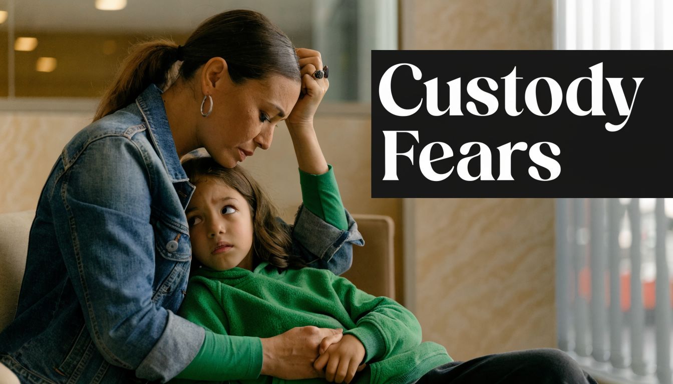 A concerned mother holding her young child who looks worried while sitting together in a room.