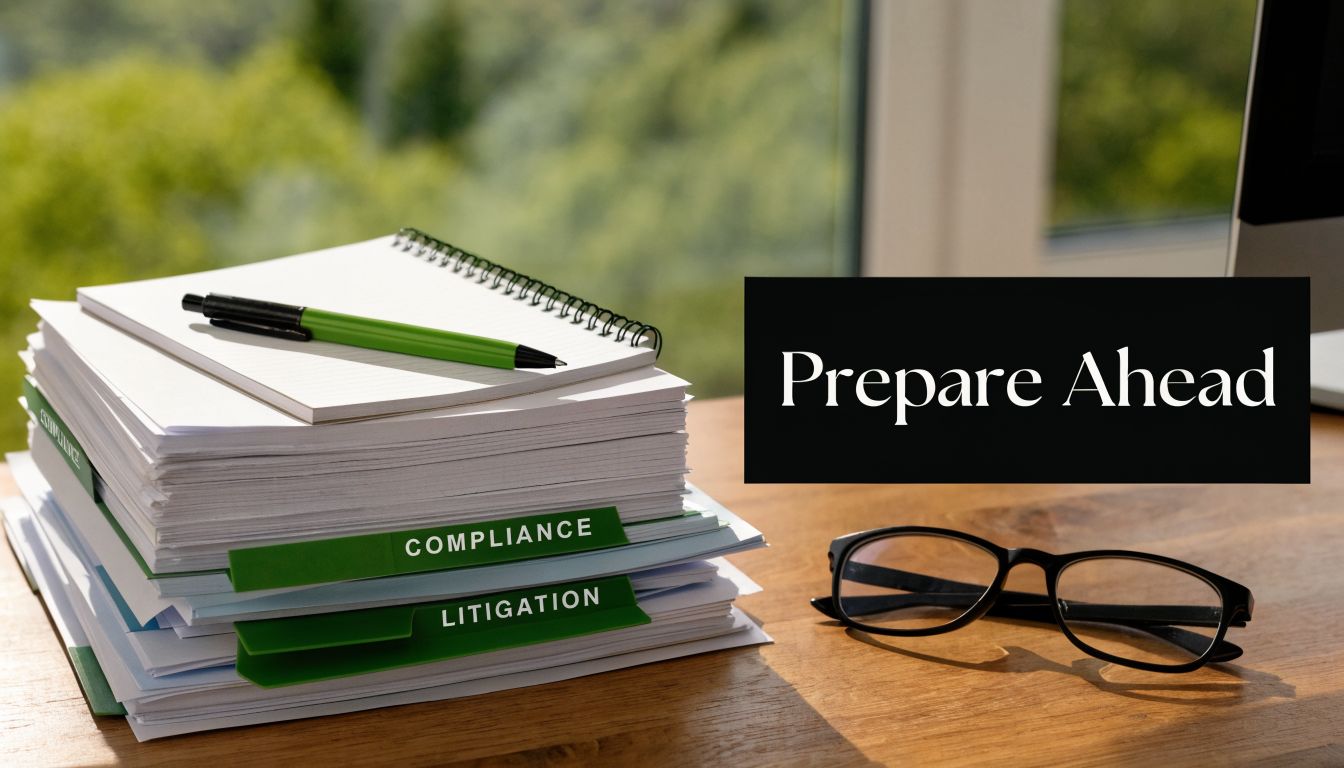 A stack of organized documents with compliance and litigation tabs sits on a desk with glasses.
