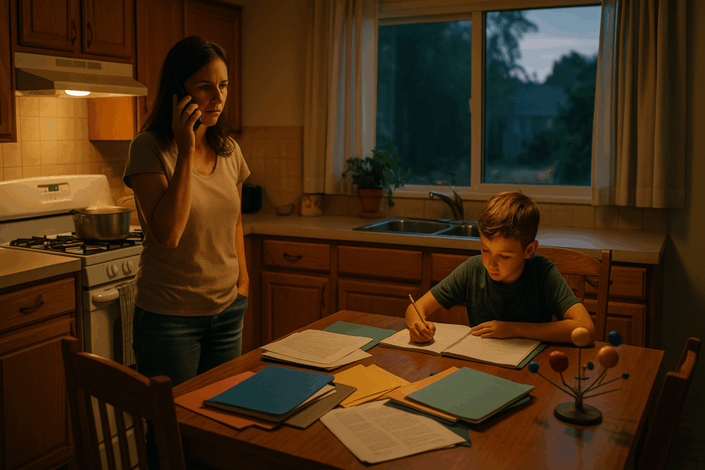 A wide-angle, photo-realistic image captures a warm, inviting kitchen at dusk. A worried mother stands by the stove on the phone, while her young son sits at the wooden kitchen table, working on his science project surrounded by colorful folders, notebooks, and a model of the solar system. A pot simmers on the stove as the glow of the overhead light contrasts with the deep blue evening sky visible through the large kitchen window. The scene conveys a blend of family life and concern, evoking both summer calm and emotional tension.