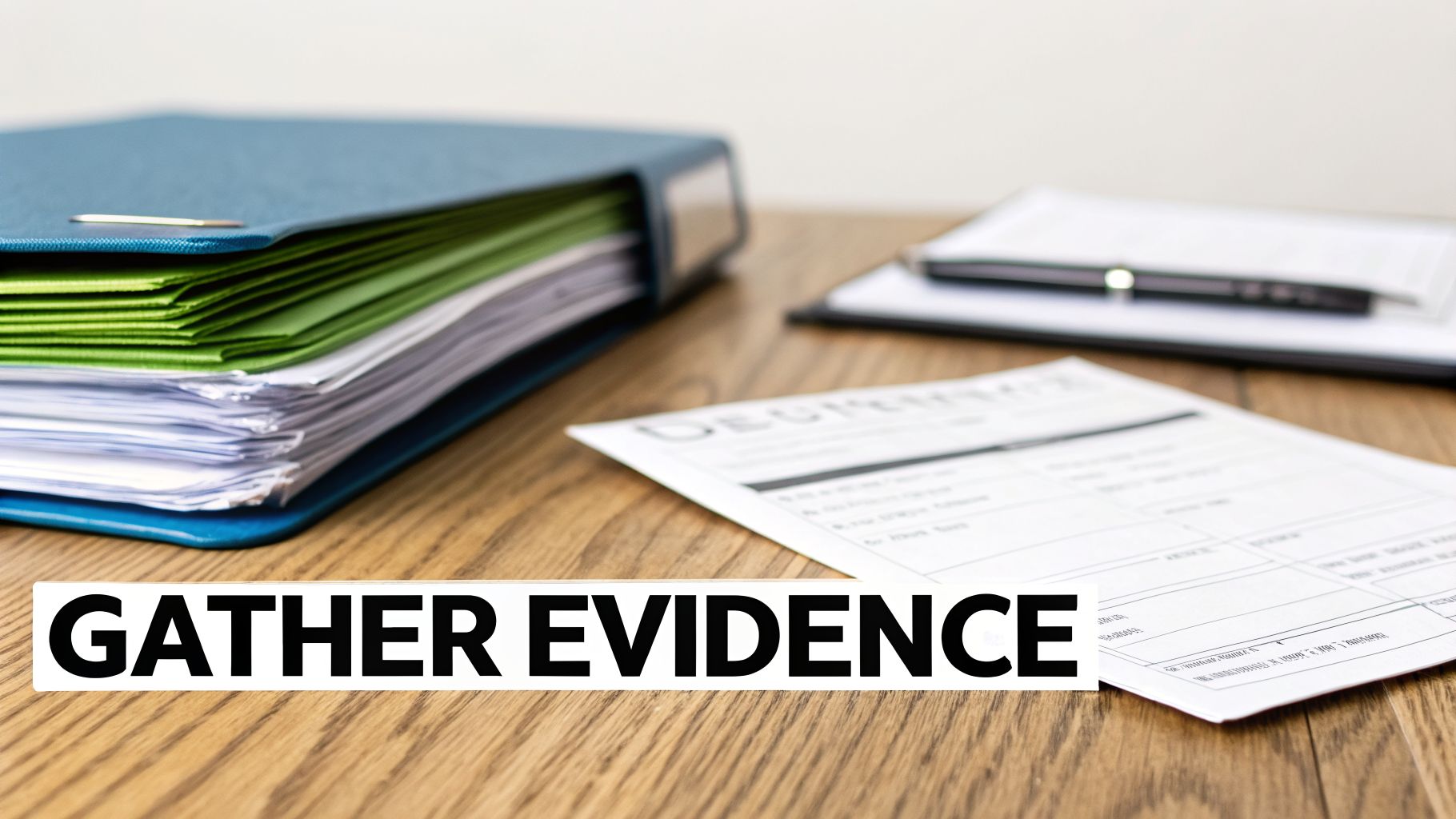 A blue binder full of documents on a wooden desk, with a paper stating 'GATHER EVIDENCE'.