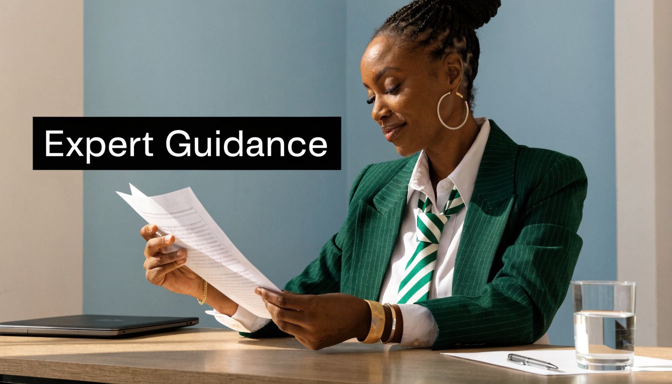 A professional woman in a green blazer reviewing important legal documents at her desk.