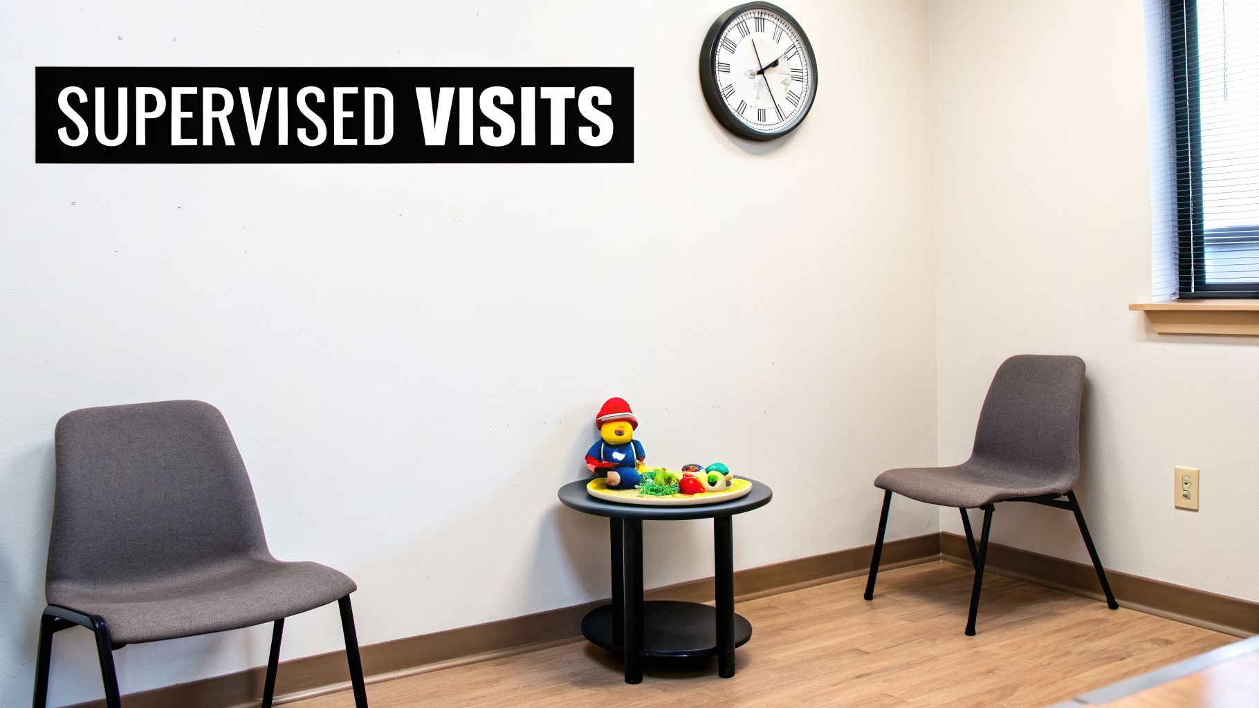 A room for supervised visits with two chairs, a table with toys, a clock, and a window.