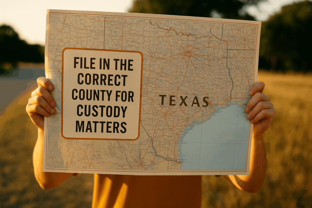 A graphic showing the importance of filing in the correct county for custody matters.