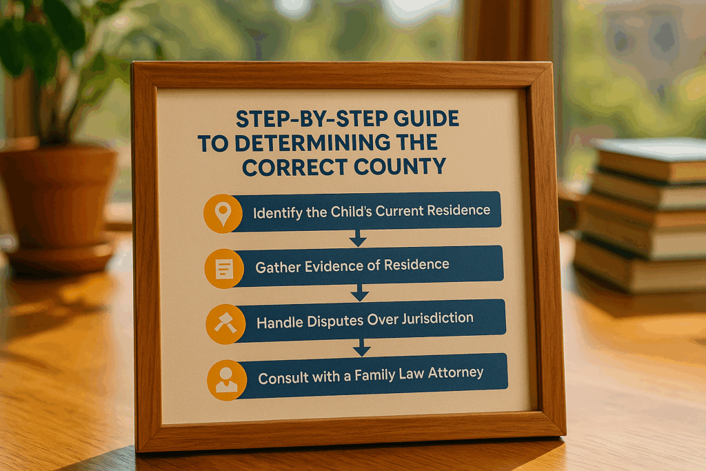 A step-by-step visual guide for determining the correct county in custody cases.