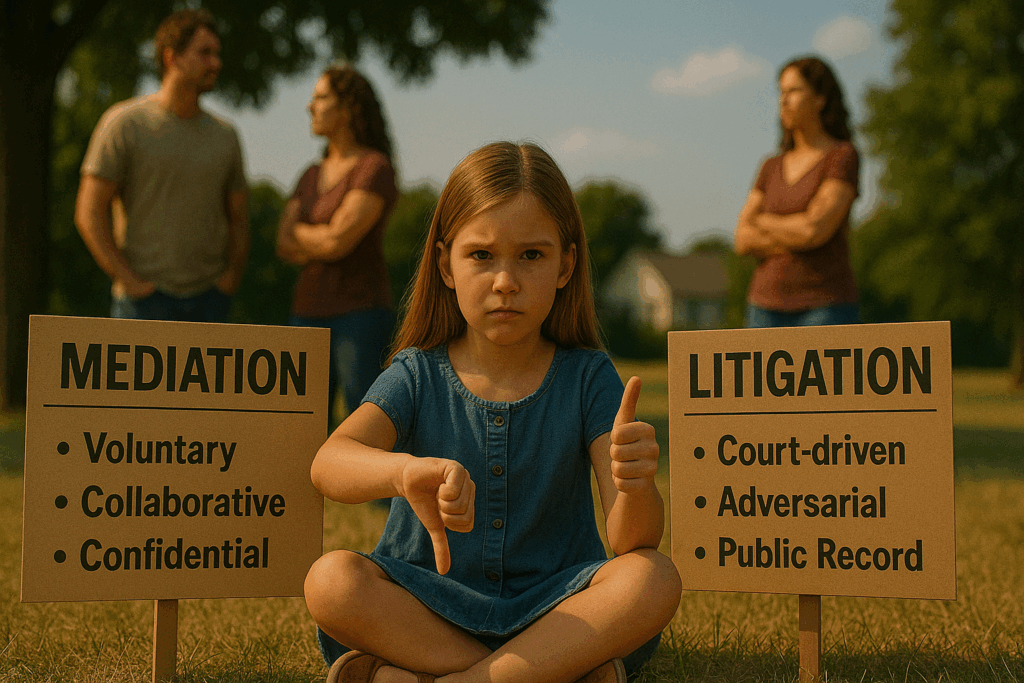 A comparison chart of mediation versus litigation in custody cases, emphasizing the pros and cons of each approach.