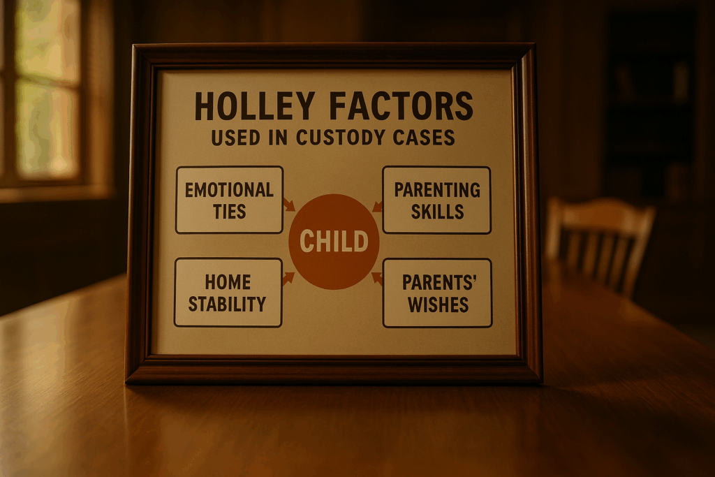 A visual representation of the Holley factors used in custody cases. Texas Custody and the Holley Factors