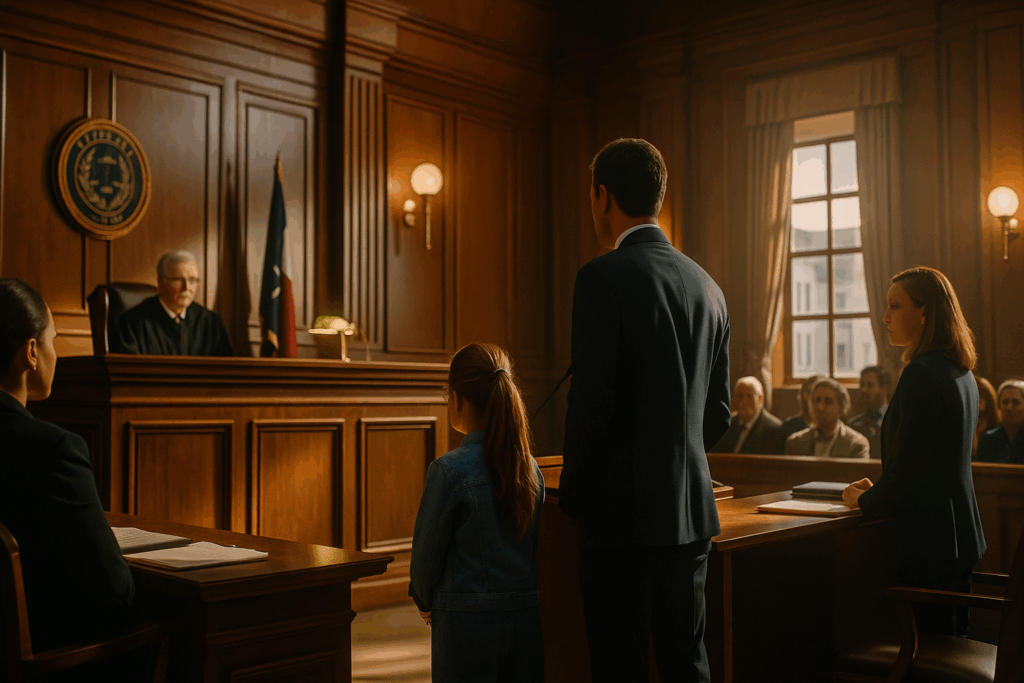 An illustration of a courtroom setting where child custody cases are being discussed.