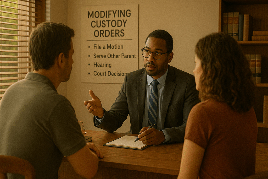 An overview of the process for modifying custody orders, showing a family law attorney advising clients. What they dont tell you about Texas child custody