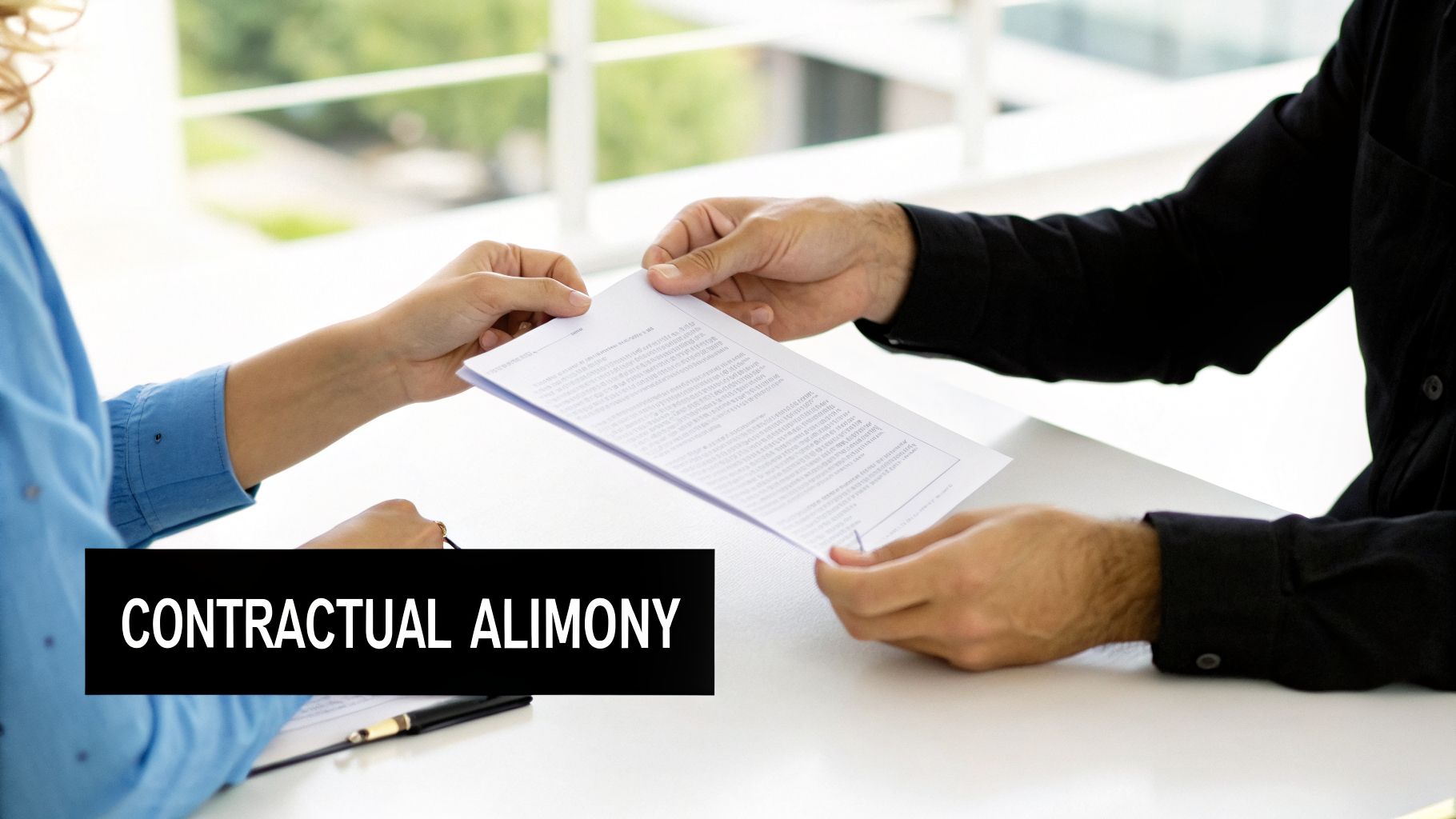 Two people in business attire exchange a contractual alimony document across a white table.