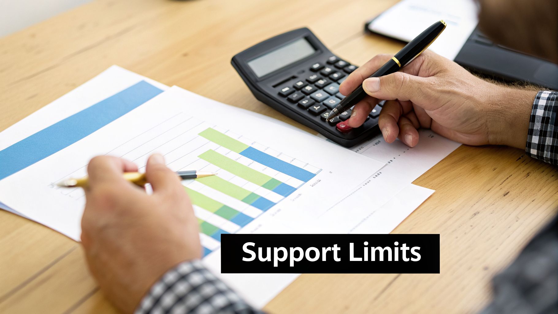 Hands using a calculator and analyzing a financial bar chart on a wooden desk.