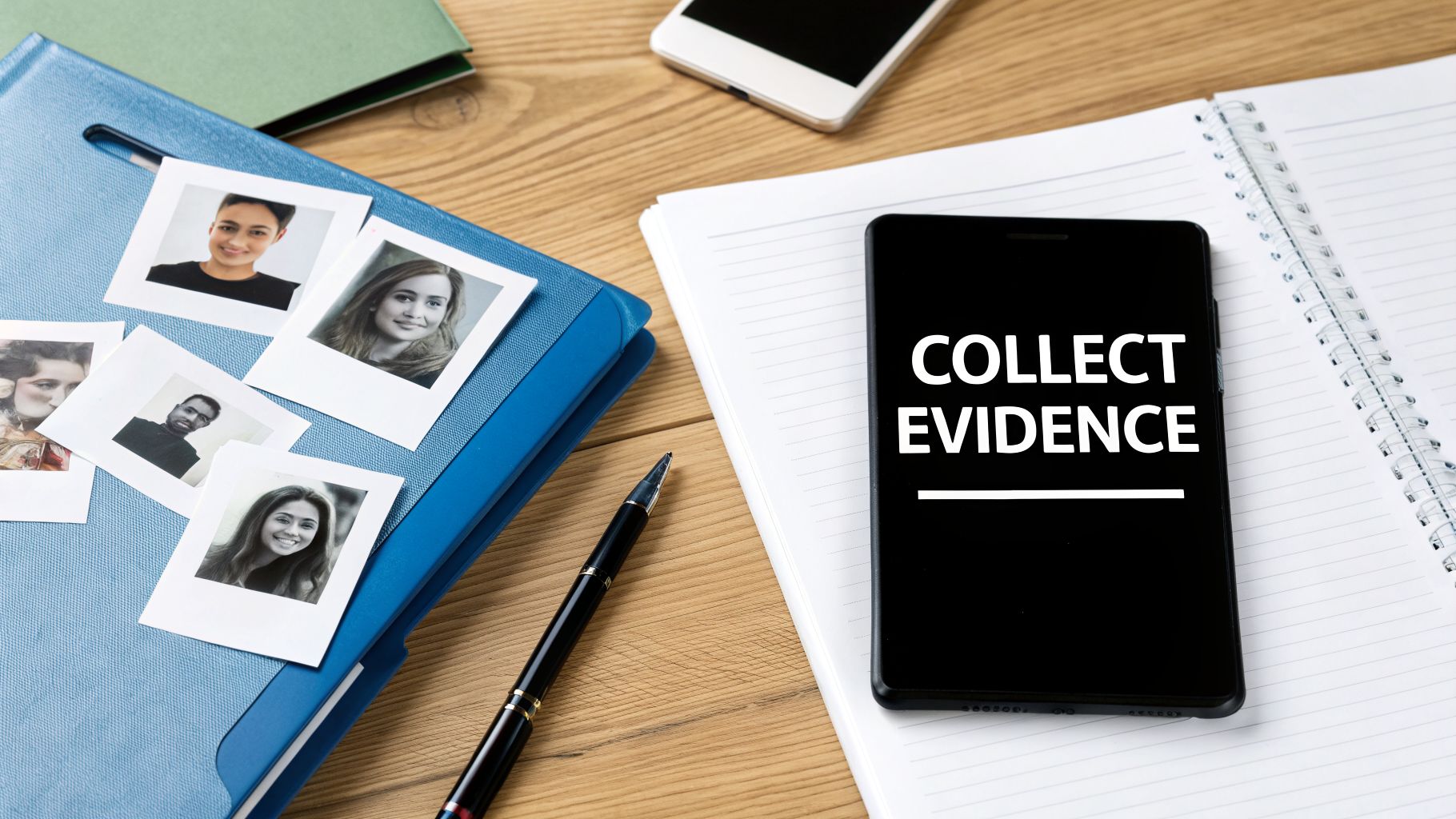 A desk with a smartphone displaying 'COLLECT EVIDENCE', instant photos of individuals, a blue folder, and a pen, suggesting investigation.