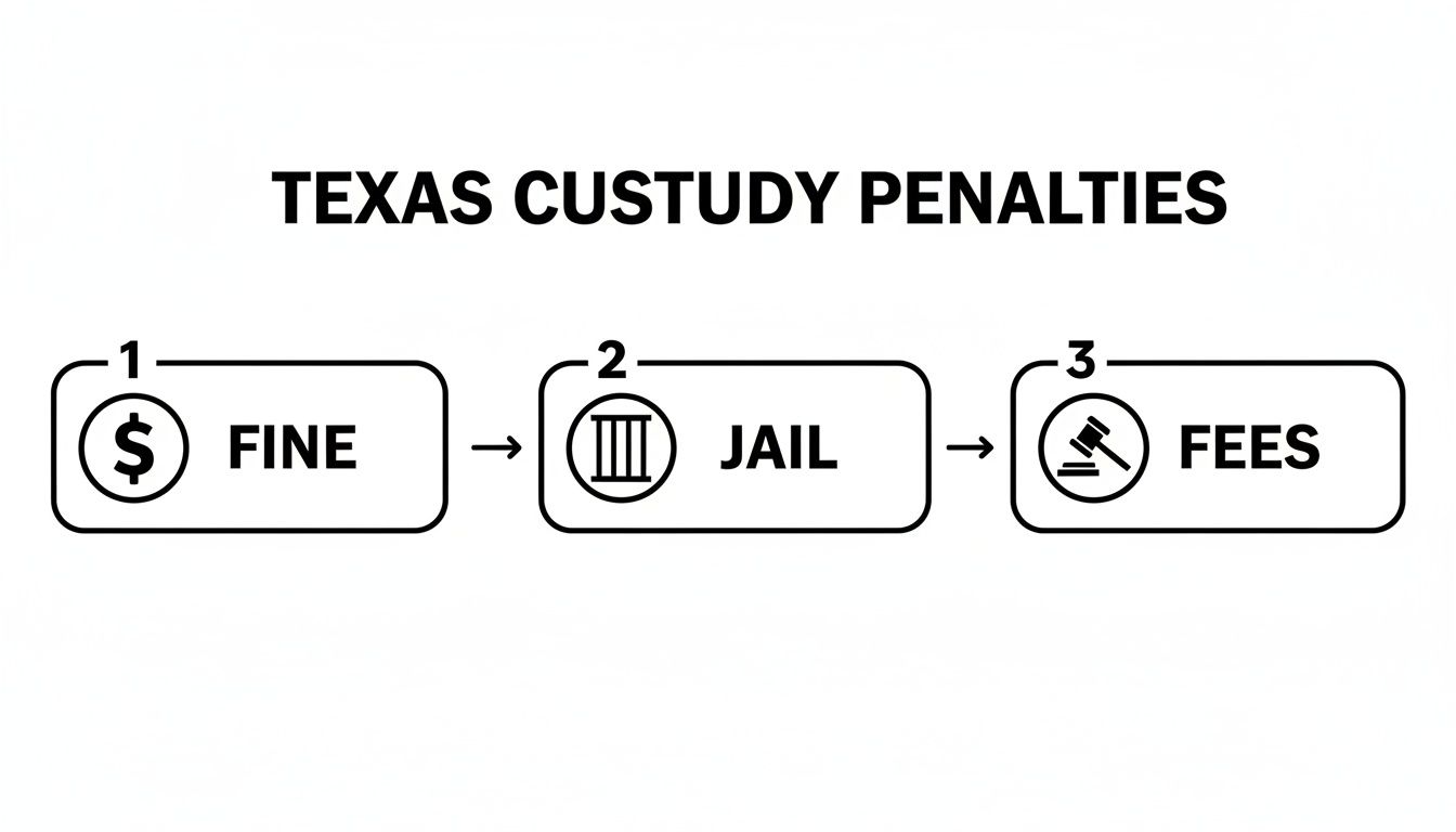 Flowchart illustrating Texas custody penalties: a fine, followed by jail, and then fees.