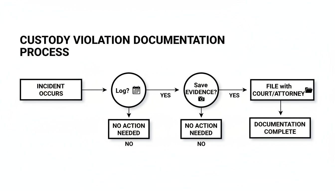 A flowchart detailing the custody violation documentation process from incident to filing with court/attorney.