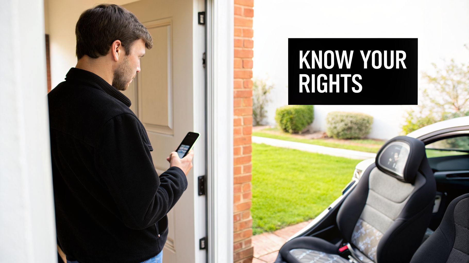 A man holding a smartphone near a doorway with a "KNOW YOUR RIGHTS" sign visible outside.