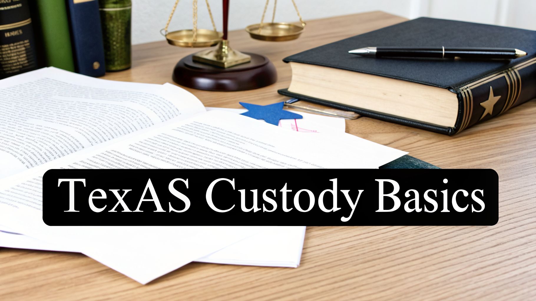 A law office desk with open legal books, a pen, scales of justice, and 'TexAS Custody Basics' text.