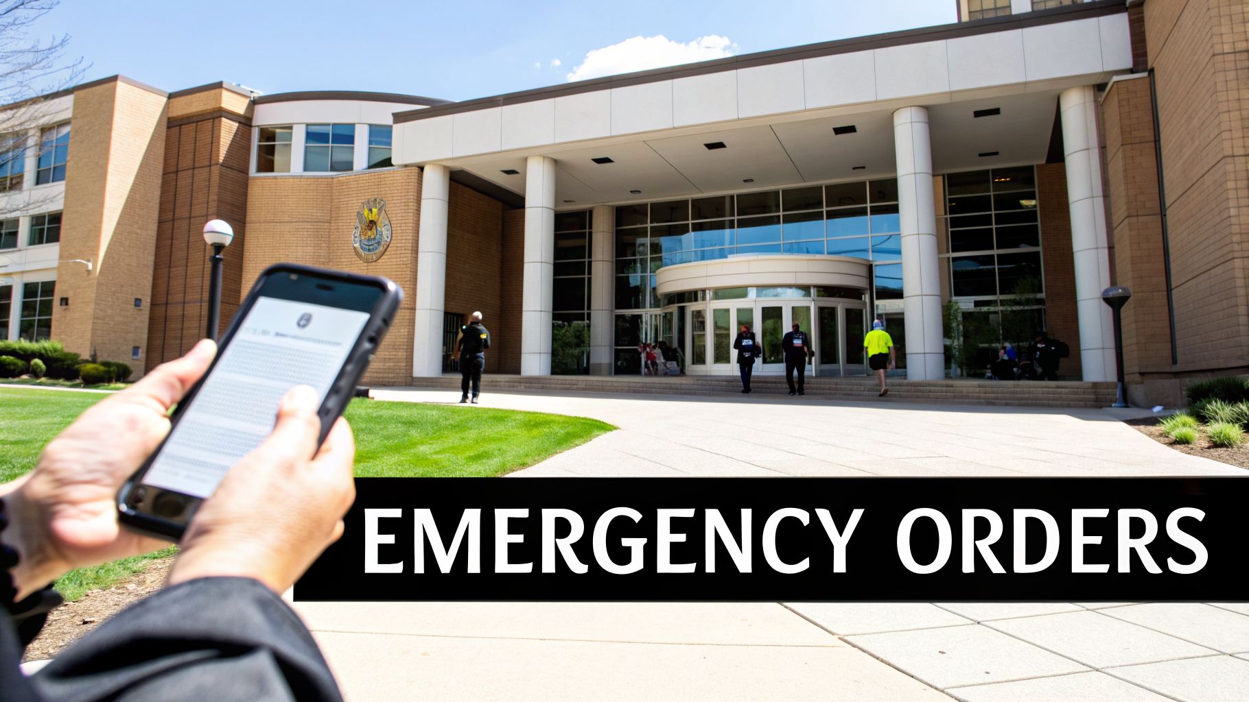 A person holds a smartphone displaying legal text, with an 'EMERGENCY ORDERS' banner, in front of a modern courthouse.
