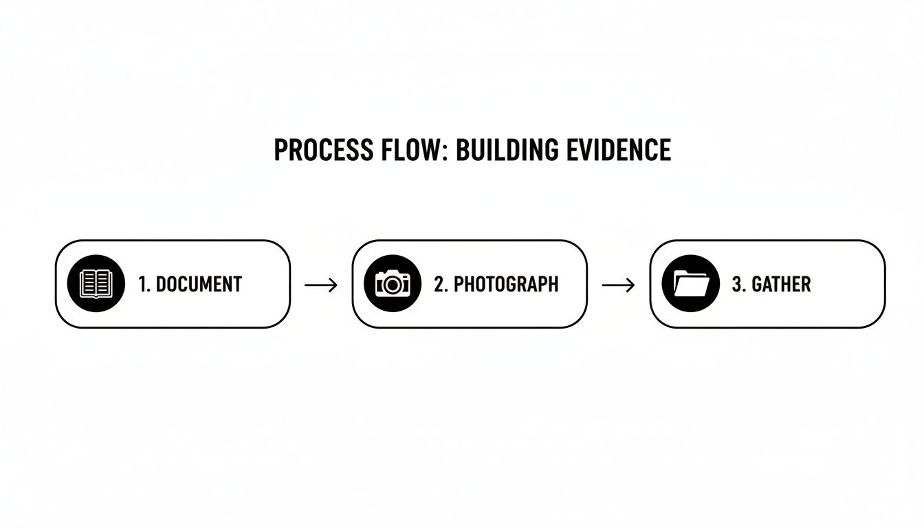 Process flow diagram illustrating three steps for building evidence: document, photograph, and gather.