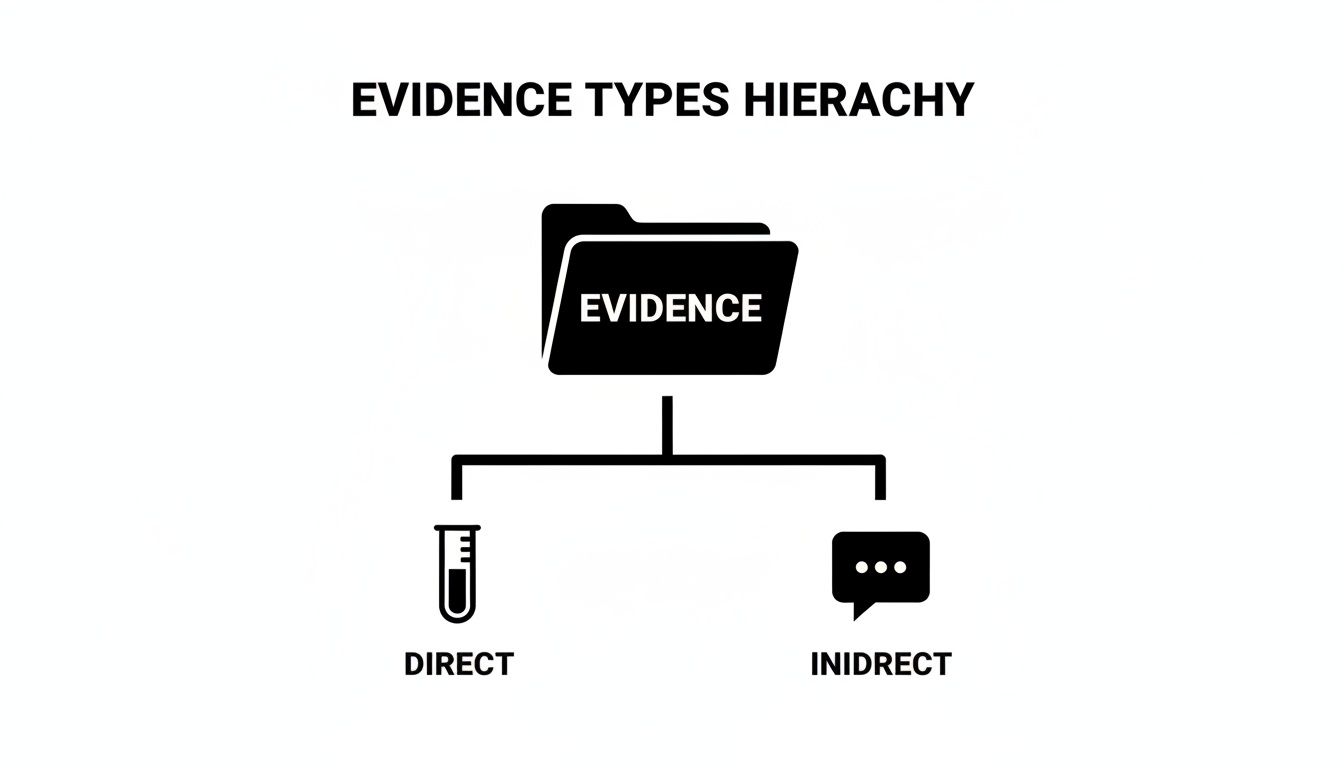 A diagram titled 'Evidence Types Hierarchy' showing evidence divided into direct and indirect types.