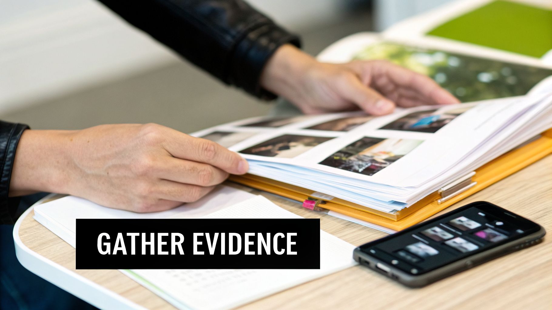 A person's hands review printed photos in a binder and digital images on a smartphone.