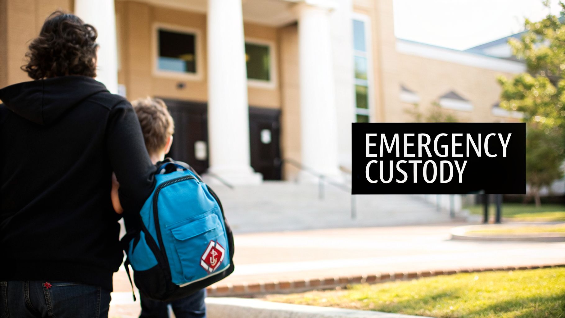 An adult and child with a blue backpack walk towards a building with "EMERGENCY CUSTODY" text overlay.