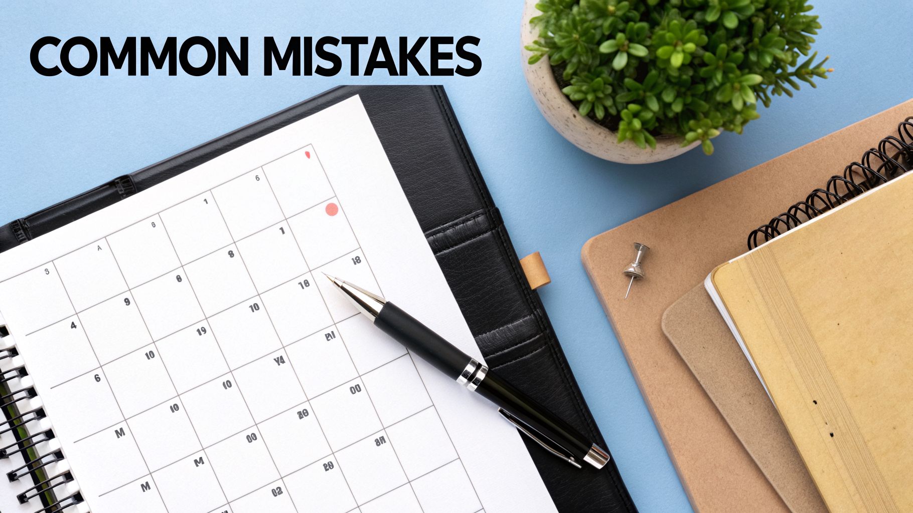 A calendar marked with red dots, a pen, notebooks, and a plant, with the text 'COMMON MISTAKES'.