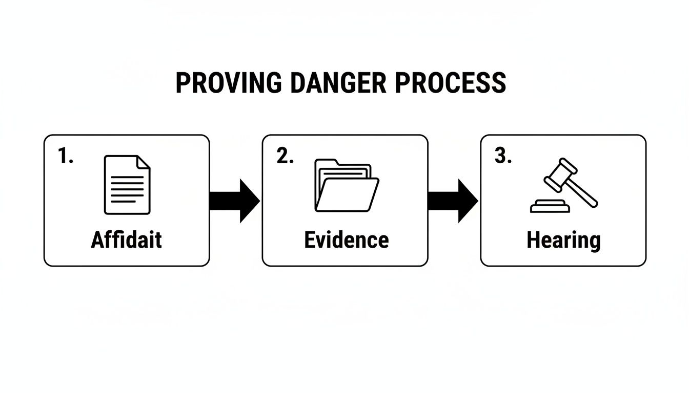 Flowchart titled 'Proving Danger Process' showing three steps: Affidavit, Evidence, and Hearing.