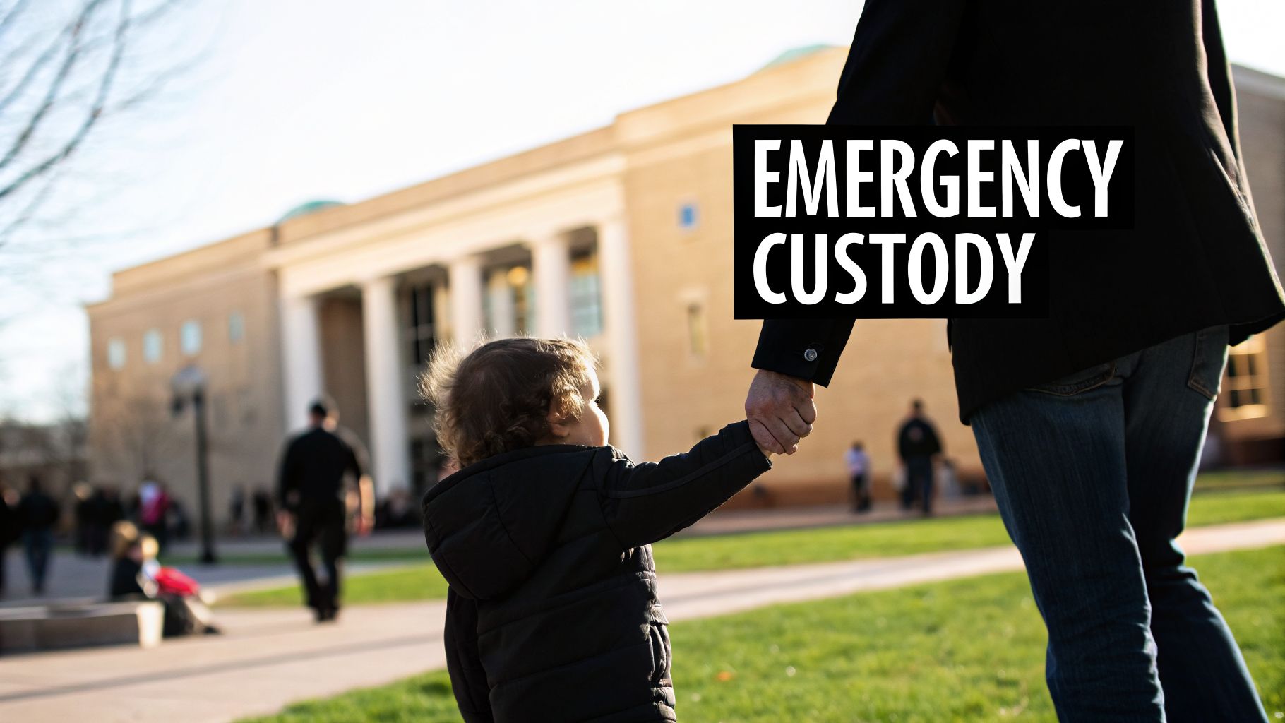 A child holds an adult's hand with 'EMERGENCY CUSTODY' text, symbolizing legal protection.