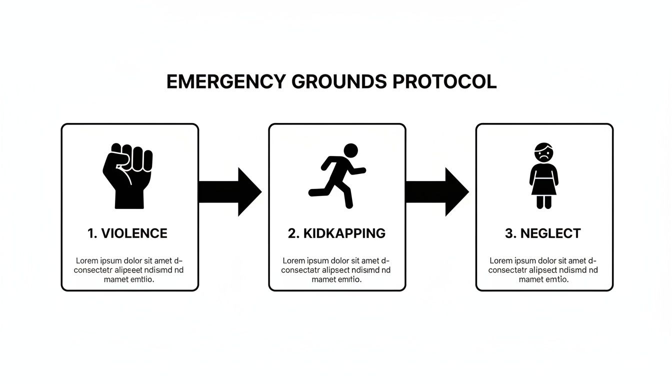 A flowchart diagram titled 'Emergency Grounds Protocol' illustrating three steps: Violence (fist icon), Kidnapping (running person), and Neglect (sad person).