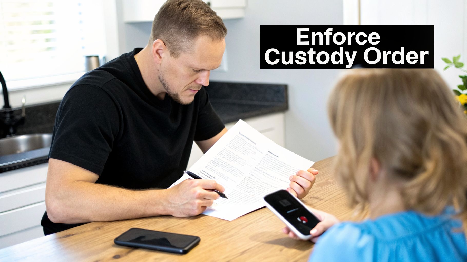 A man signs a legal document at a table with a woman, and text 'Enforce Custody Order'.
