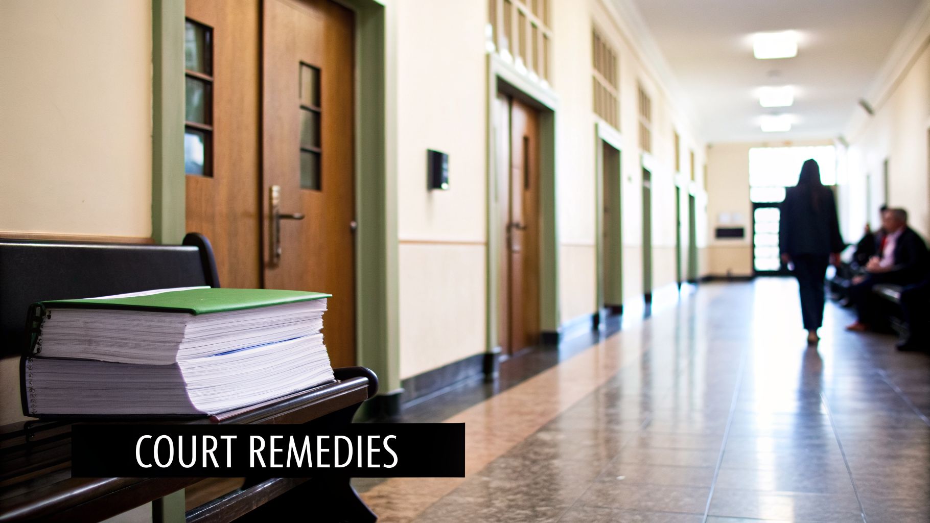 A stack of green-covered legal books on a bench in a bright courthouse hallway.