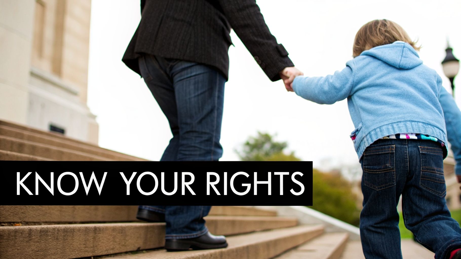 An adult and child holding hands, walking up steps, with the text 'KNOW YOUR RIGHTS' displayed.
