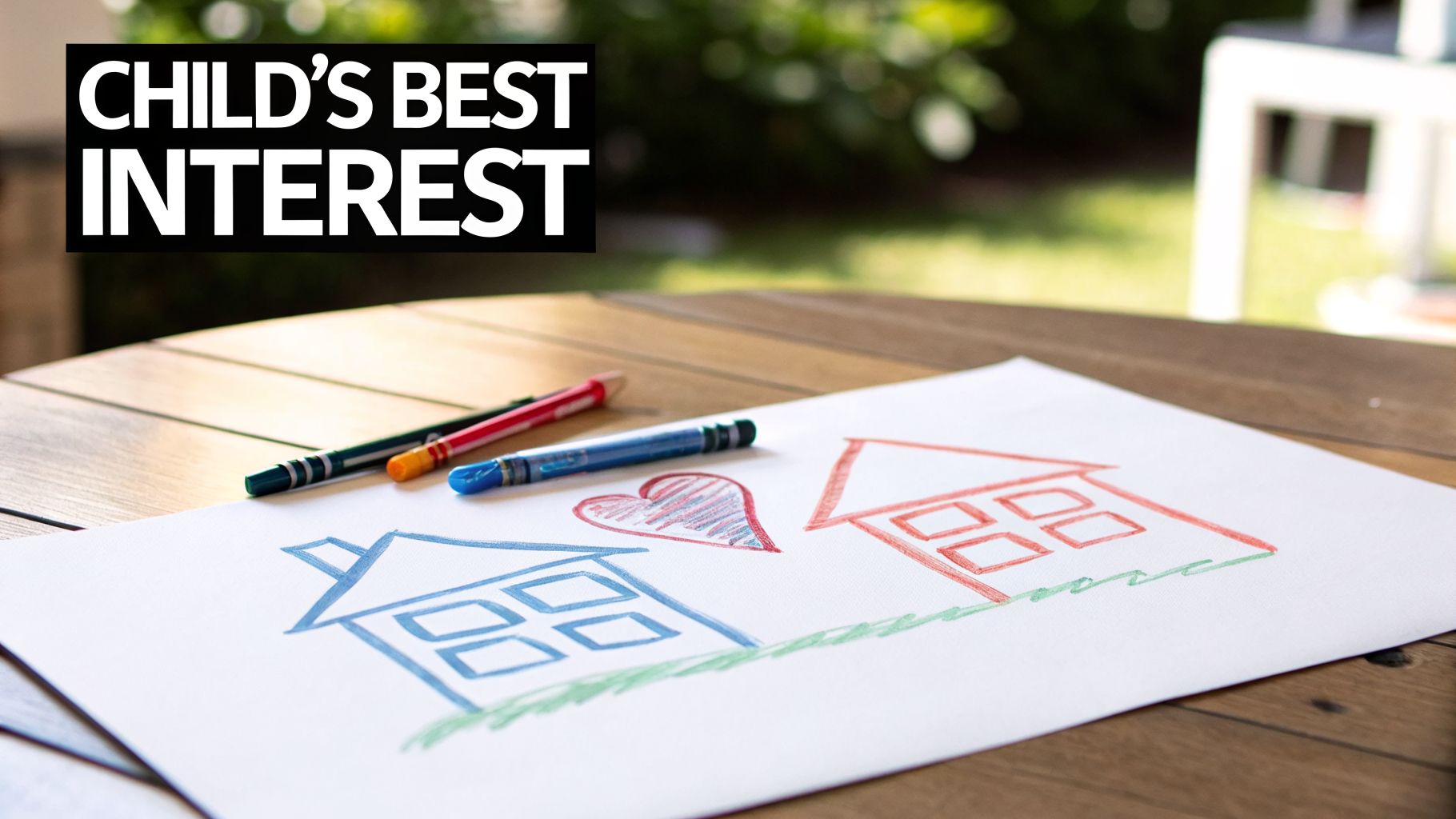 A child's drawing of two houses and a heart with crayons on a table, with text 'CHILD'S BEST INTEREST'.