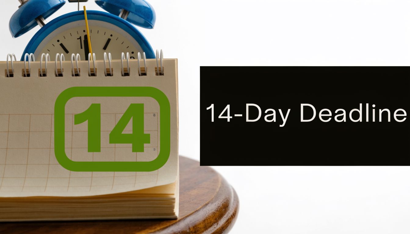 A calendar showing the number 14 with an alarm clock, representing a 14-day deadline concept.