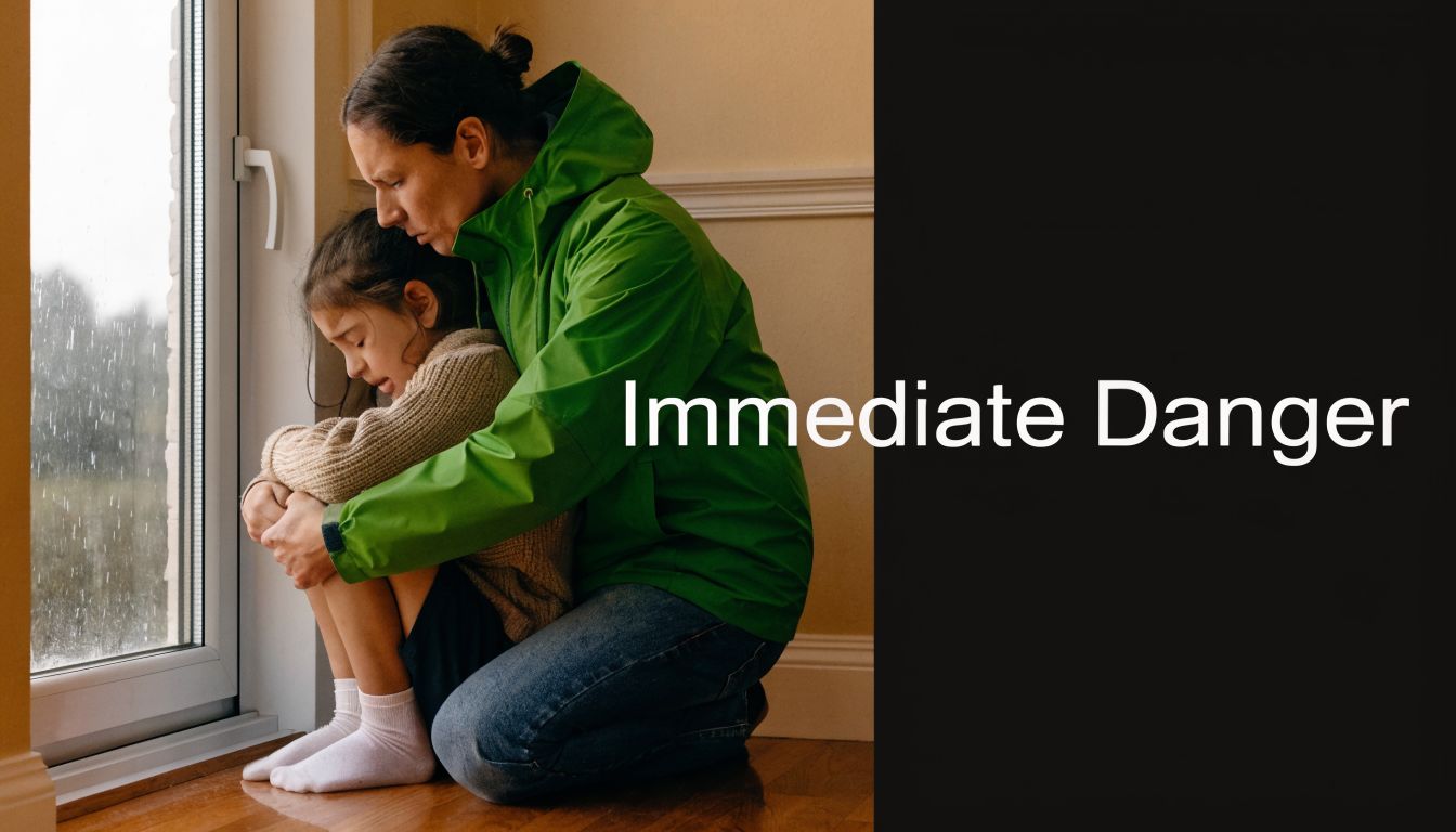 A concerned mother embraces her young daughter, who is huddled in fear by a rainy window.