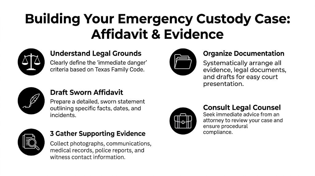 A guide listing five essential steps for building an emergency custody case and affidavit in Texas.