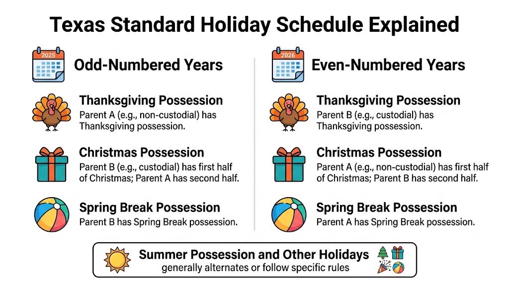 A chart explaining the Texas standard holiday possession schedule for parents during odd and even years.