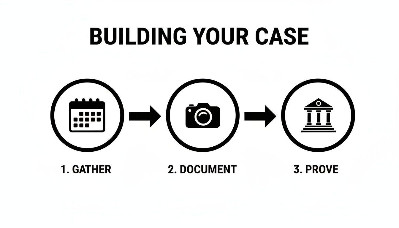 A three-step infographic titled 'Building Your Case' showing icons for gather, document, and prove.