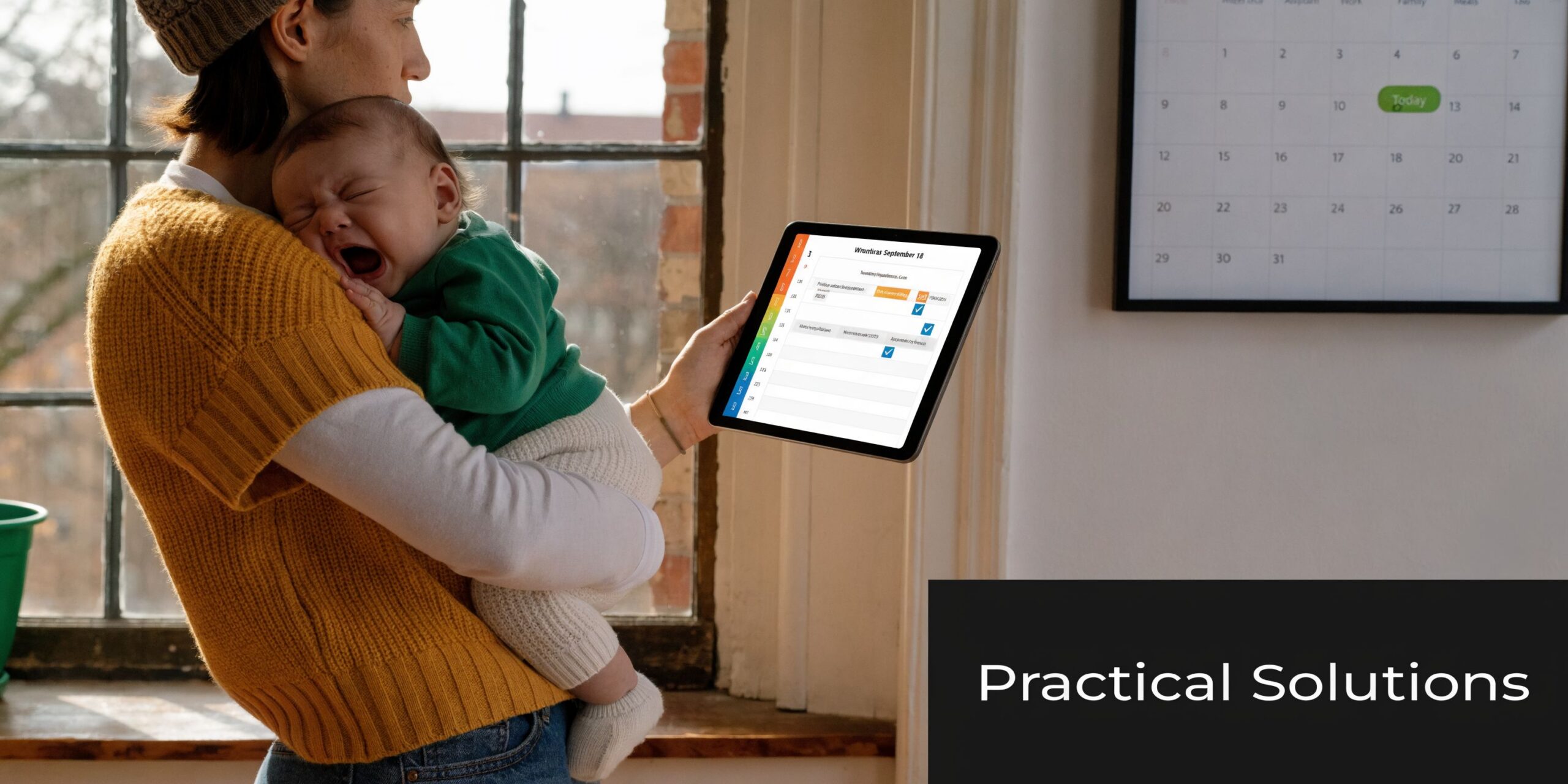 A mother holds a crying baby while checking a digital parenting schedule on a tablet.