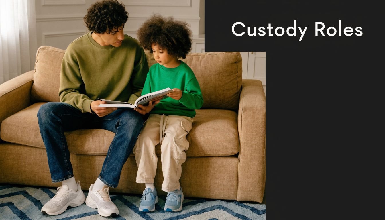 A father sitting on a sofa reading a book with his young child in a living room.