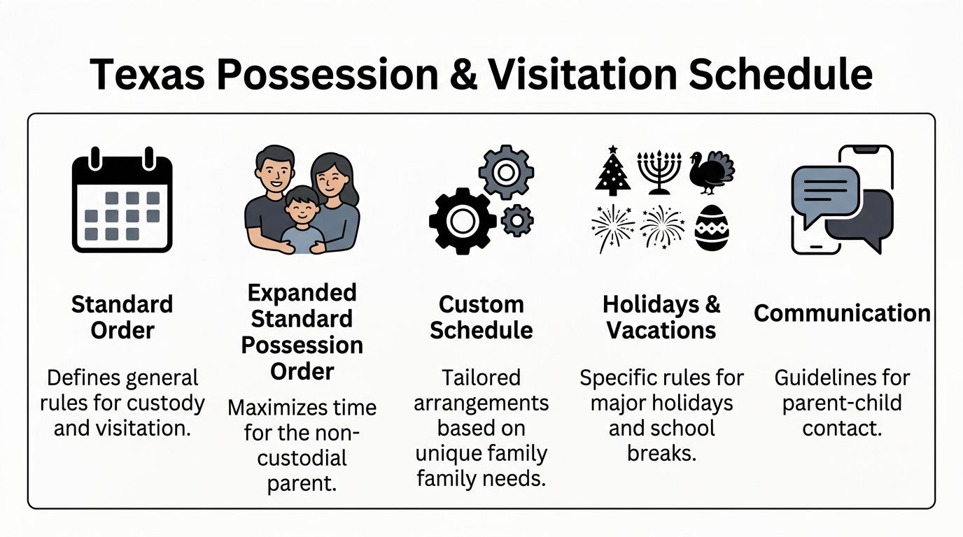 An infographic titled Texas Possession and Visitation Schedule displaying five categories of child custody and visitation arrangements.