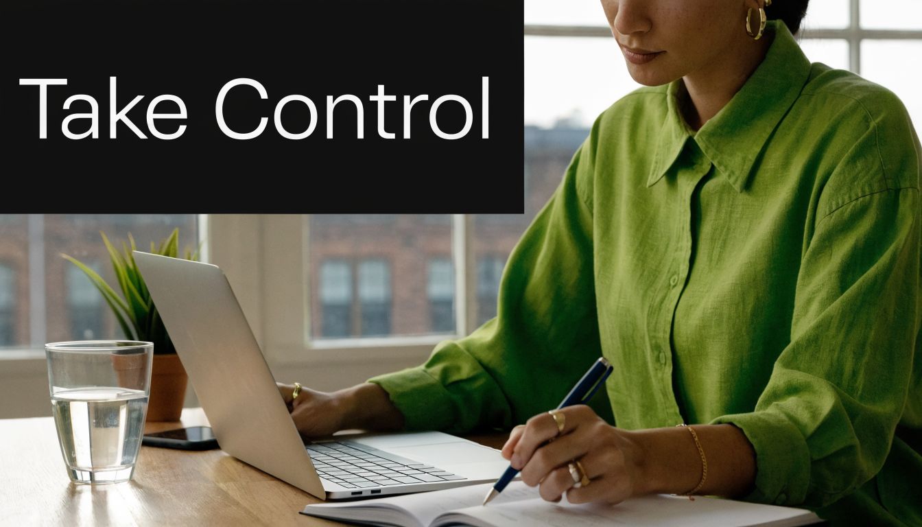 A woman working at her desk using a laptop and writing in a notebook, symbolizing organizational control.