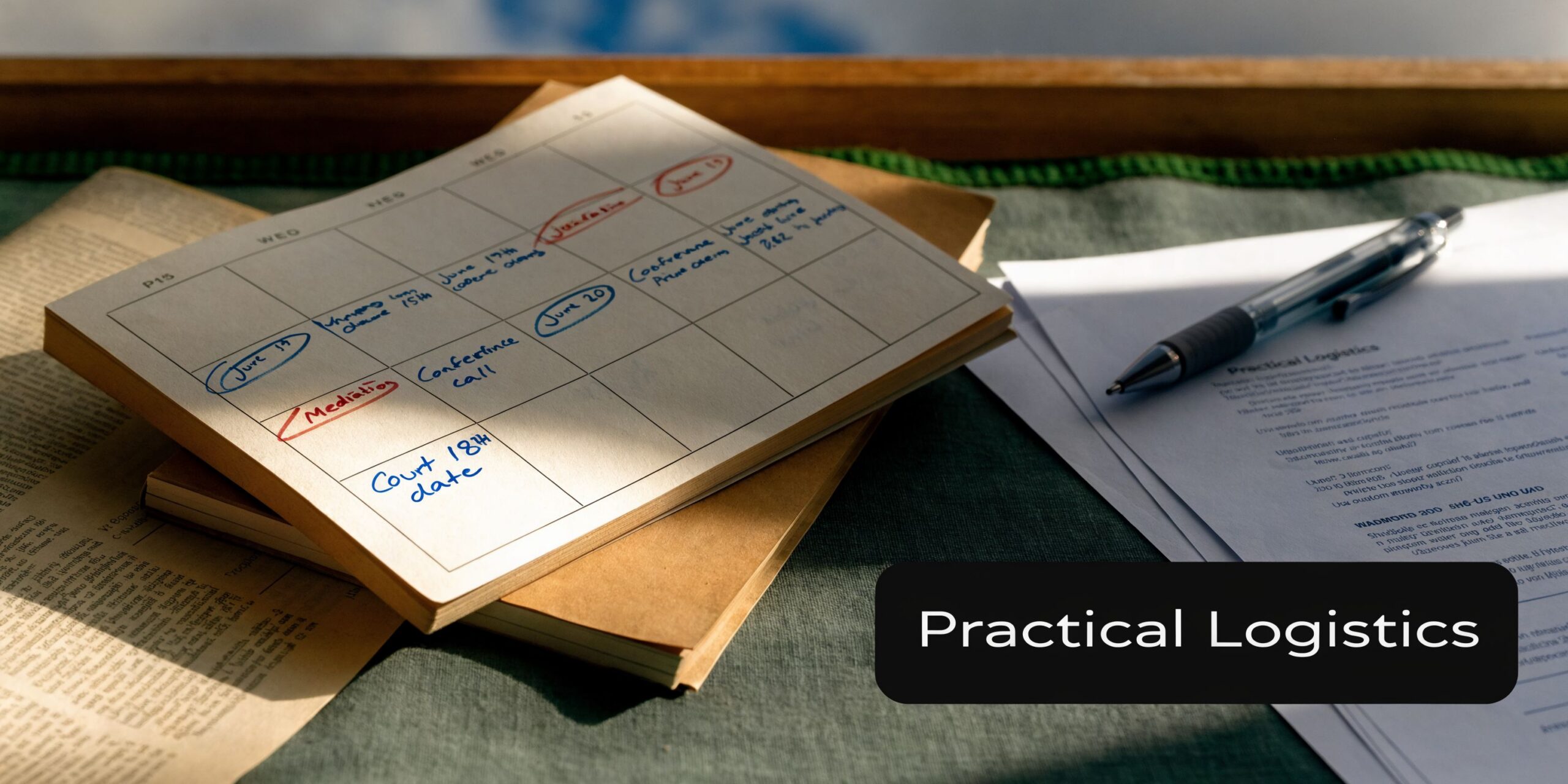 A calendar showing scheduled legal dates next to a document titled Practical Logistics on a desk.