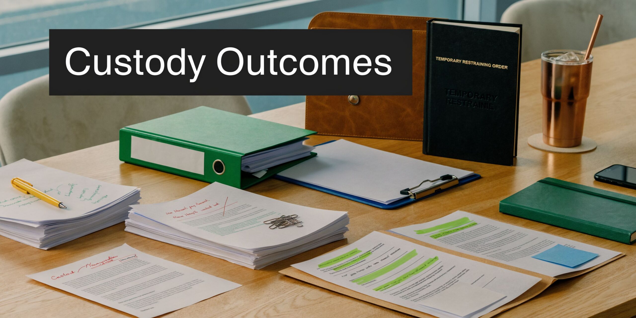 A professional wooden desk featuring legal documents, a green binder, and a book titled Temporary Restraining Order.