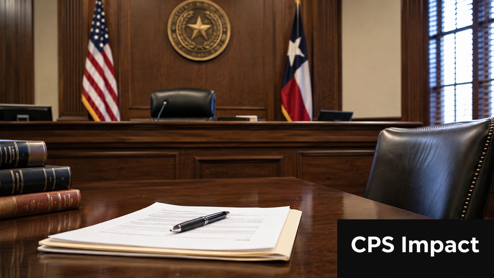 A professional wooden courtroom desk featuring a stack of legal law books, a pen, and case documents.