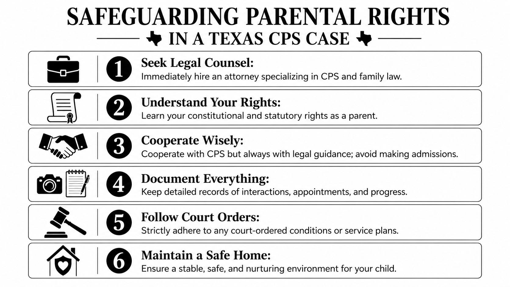 A six-step guide for parents on how to safeguard their rights during a Texas CPS investigation.