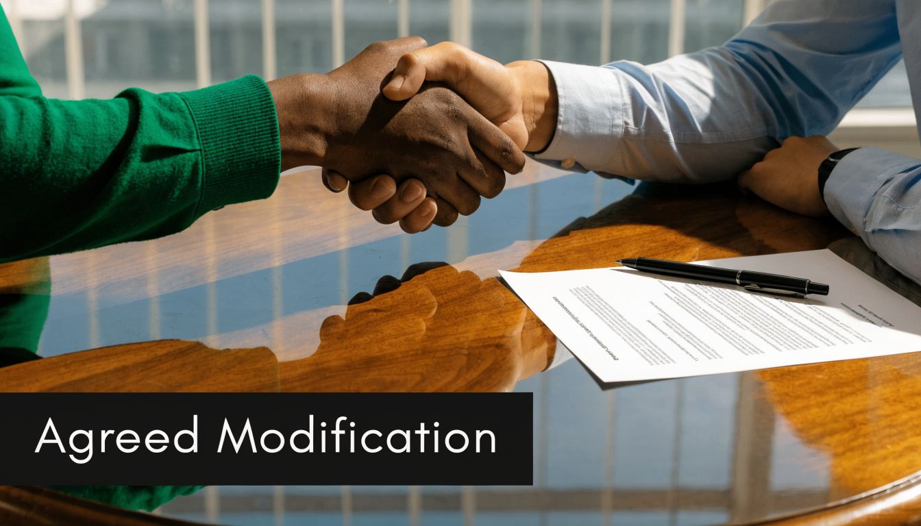 A close-up of a professional handshake over a legal document on a wooden table, representing agreement.