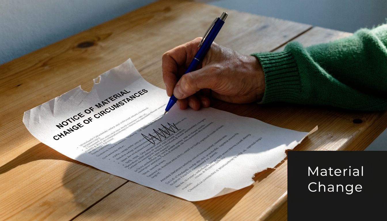 A person writing on a document titled Notice of Material Change of Circumstances with a blue pen.